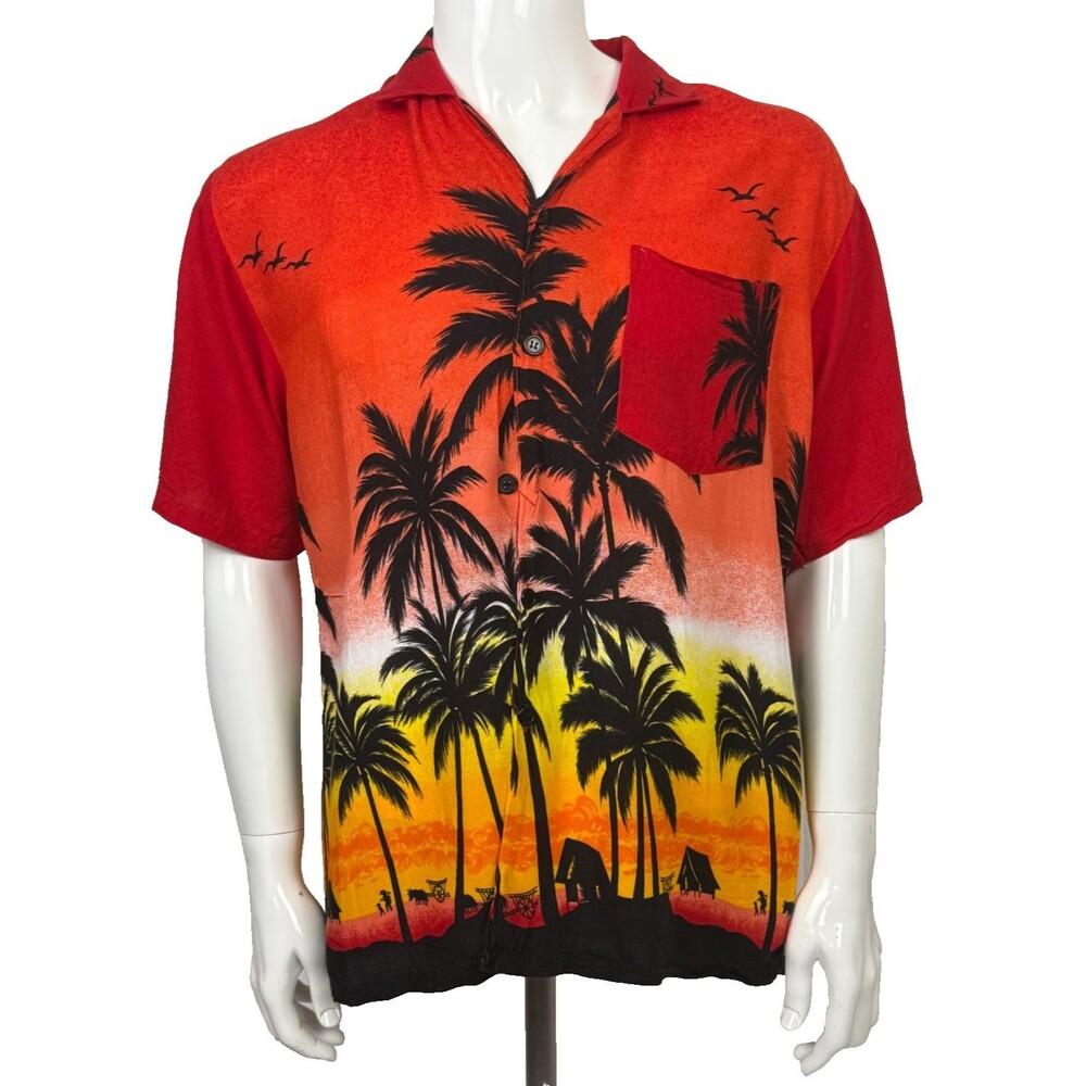 Vintage Hawaiian Aloha Shirt Large Tiki Huts Palms Red Ombre Sunset 80 90s Rayon